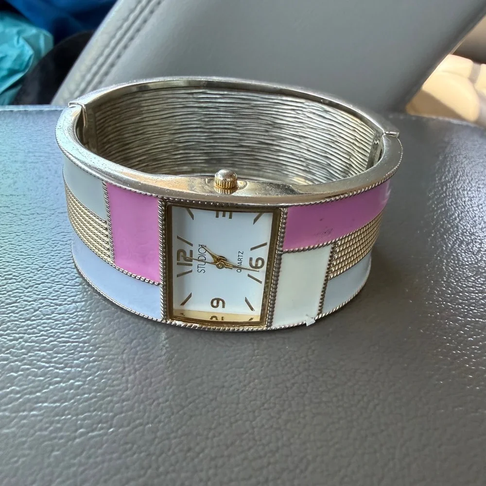 Studio Time Women Silver Pink Blue Enamel Cuff Bangle Watch  Quartz WORKS